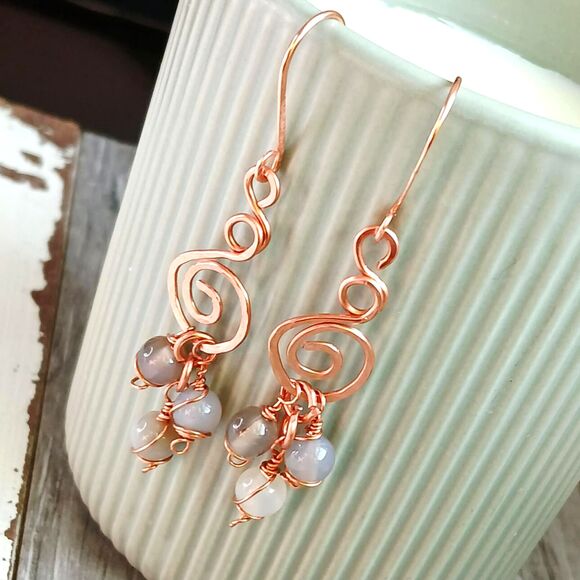 Handmade Jewelry - Boho Chic Agate Crystal Dangle Earrings, Hammered Copper Gemstone Jewelry 2.5"